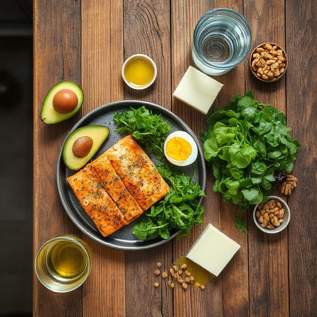 Flat lay of keto-friendly foods including salmon, avocado, eggs, cheese, and leafy greens for a 7-day keto diet weight loss plan