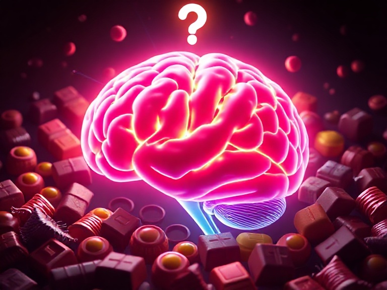human brain surrounded by sugar cubes showing the link between low serotonin and sugar cravings