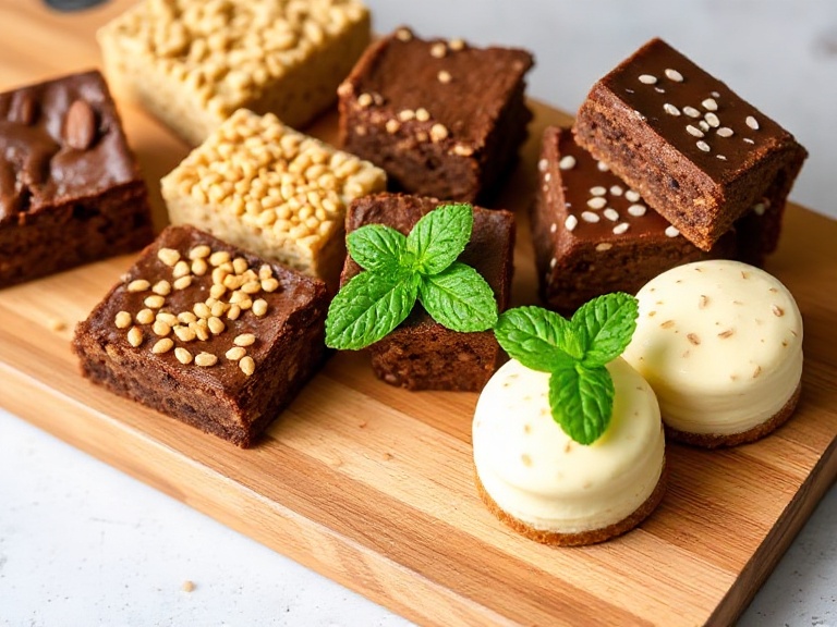 Healthy dessert platter with dark chocolate, chia pudding, yogurt with berries, and fresh fruit slices