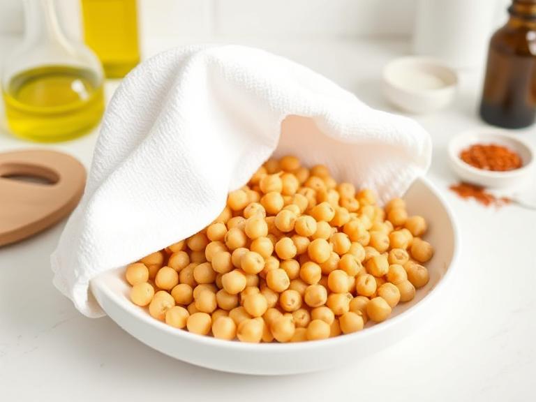 Chickpeas being patted dry with a kitchen towel before air frying, with olive oil and spices on the counter.