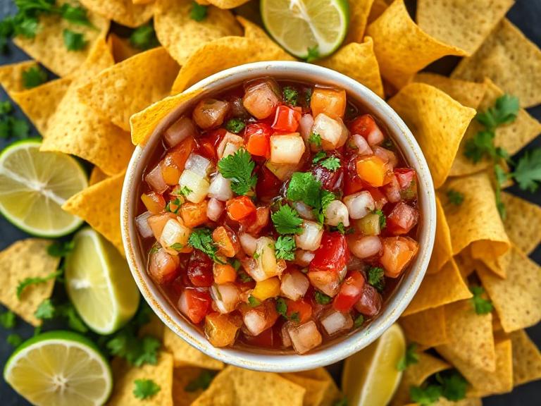 “Homemade Pico de Gallo served in a small bowl with golden tortilla chips,