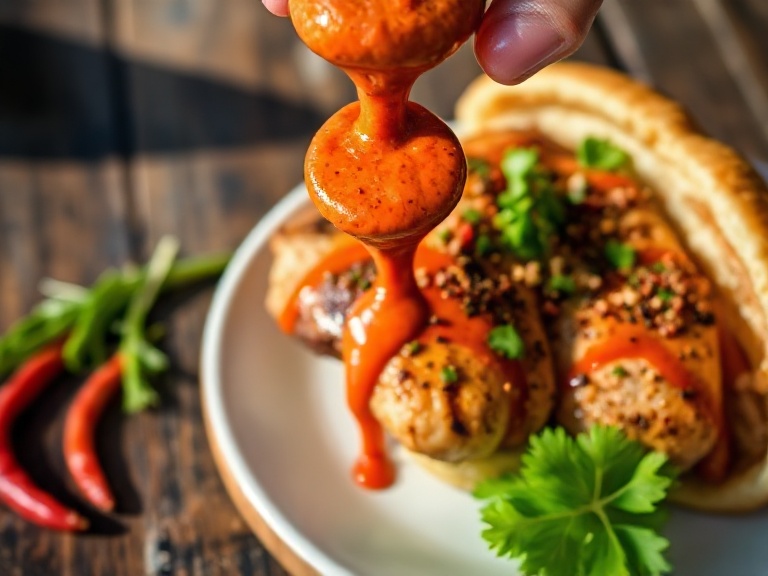 Nando’s Red Pepper Dip drizzled over grilled chicken, garnished with herbs and chili flakes