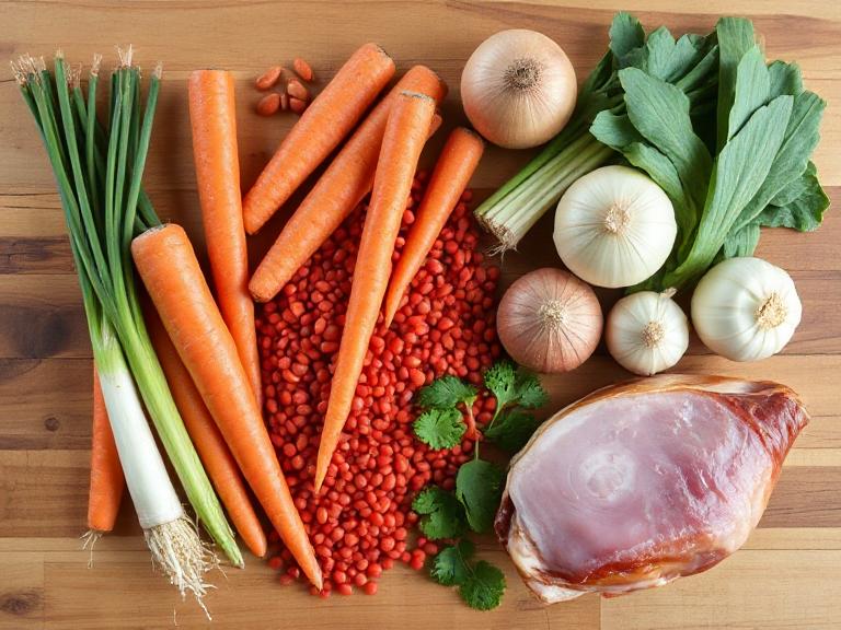 Flat lay of ingredients for Scottish Red Lentil Soup: red lentils, carrots, leeks, onions, turnips, garlic, bay leaves, thyme, ham hock, olive oil, in bowls on a wooden kitchen counter, bright natural light.