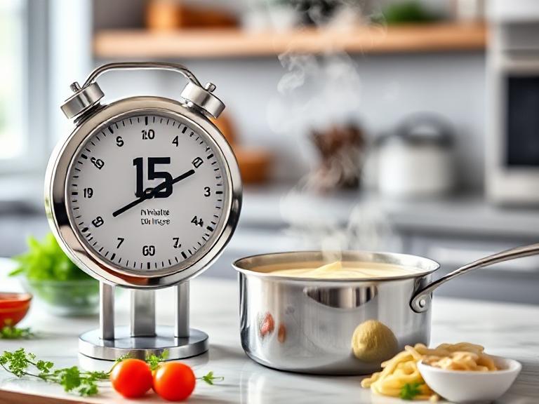 Small saucepan of creamy Diane Sauce next to a 15-minute timer