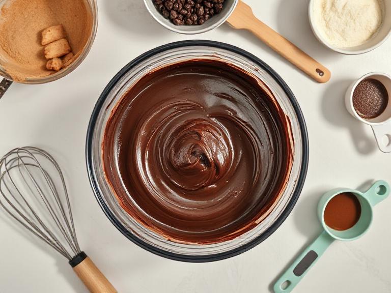 overheated chocolate in a bowl with baking tools