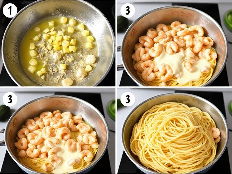 Step-by-step preparation of creamy garlic prawn pasta showing sautéing garlic, adding prawns, pouring cream, and mixing pasta