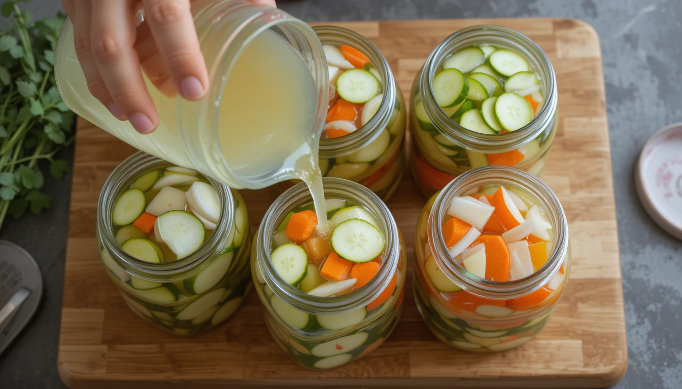 Hands pouring vinegar brine into glass jars filled with sliced cucumbers and carrots for quick pickling.