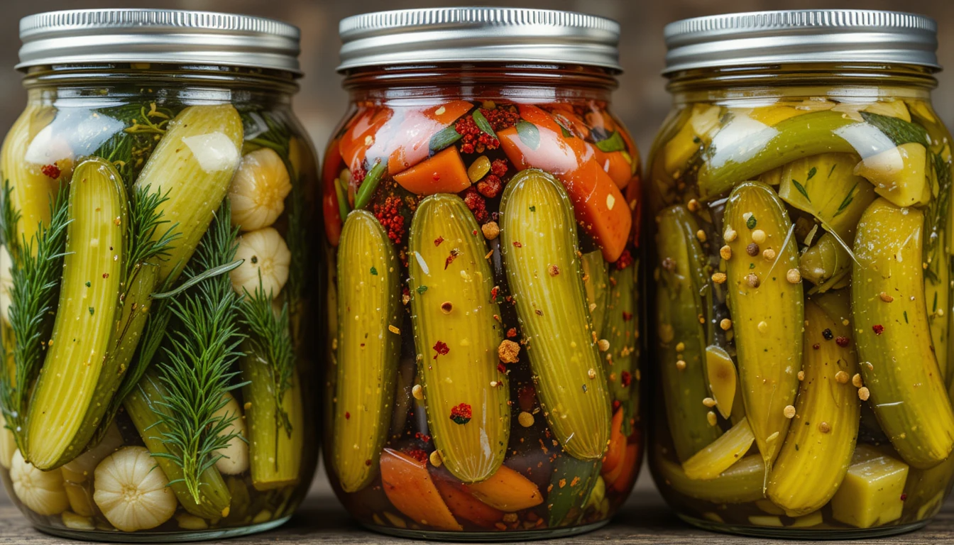 Three jars of quick pickles with dill, chili flakes, mustard seeds, and onions showing flavor variations.