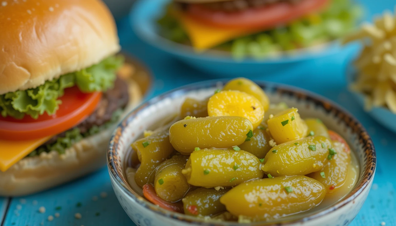 Bowl of quick pickles served as a side dish with sandwiches and burgers on a wooden table.