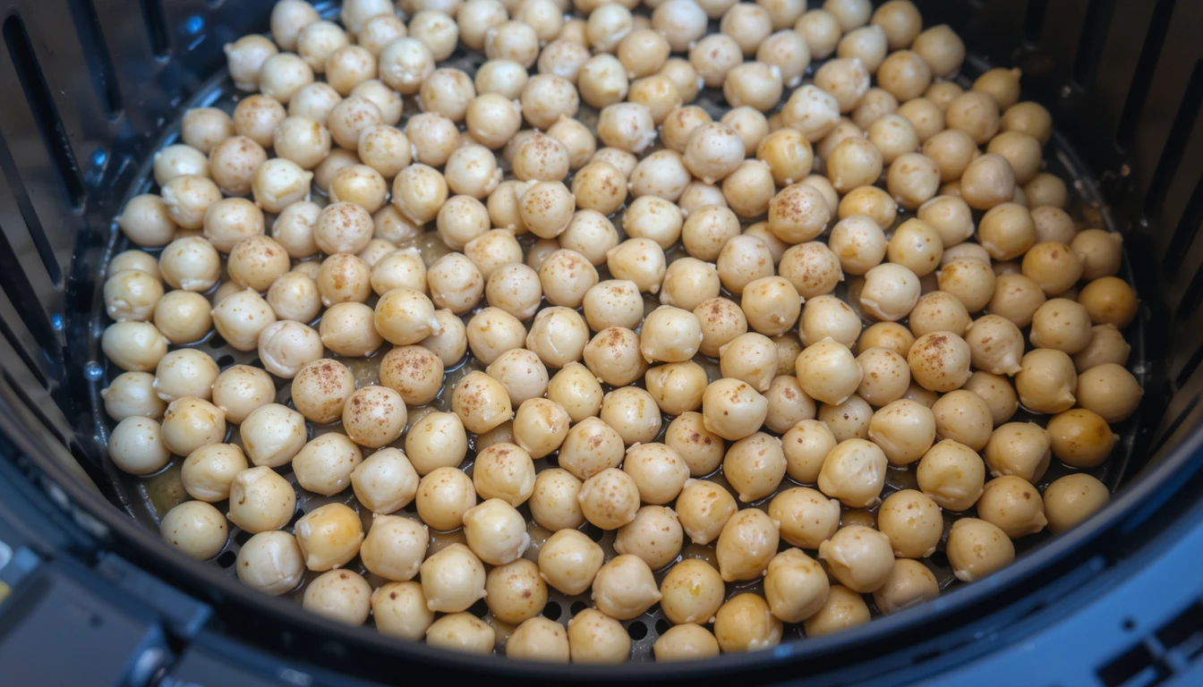 Seasoned chickpeas spread evenly inside an air fryer basket, ready to cook until crispy