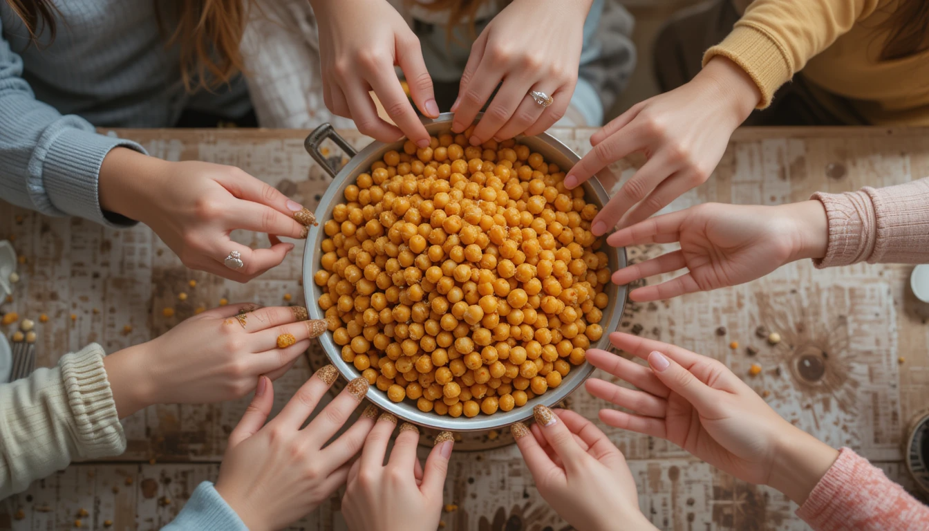 Family-style snack scene with a shared bowl of air fryer chickpeas in the center of the table.