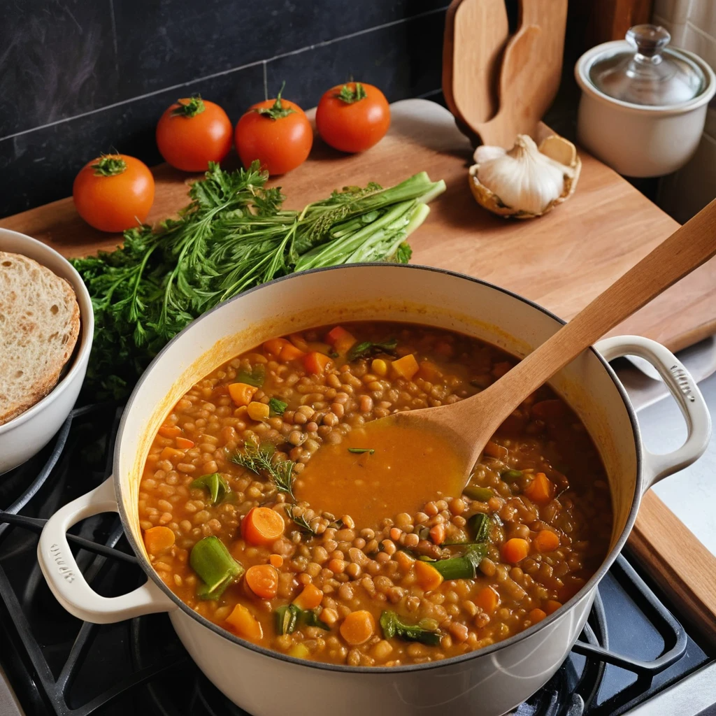 Simmering Scottish Red Lentil Soup in a large pot on the stove, with vegetables and lentils visible, stirred with a wooden spoon in a cozy kitchen