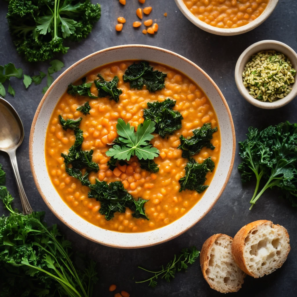 Vegetarian Scottish Red Lentil Soup in a bowl, topped with kale and fresh herbs, showing a creamy and vibrant texture without meat.