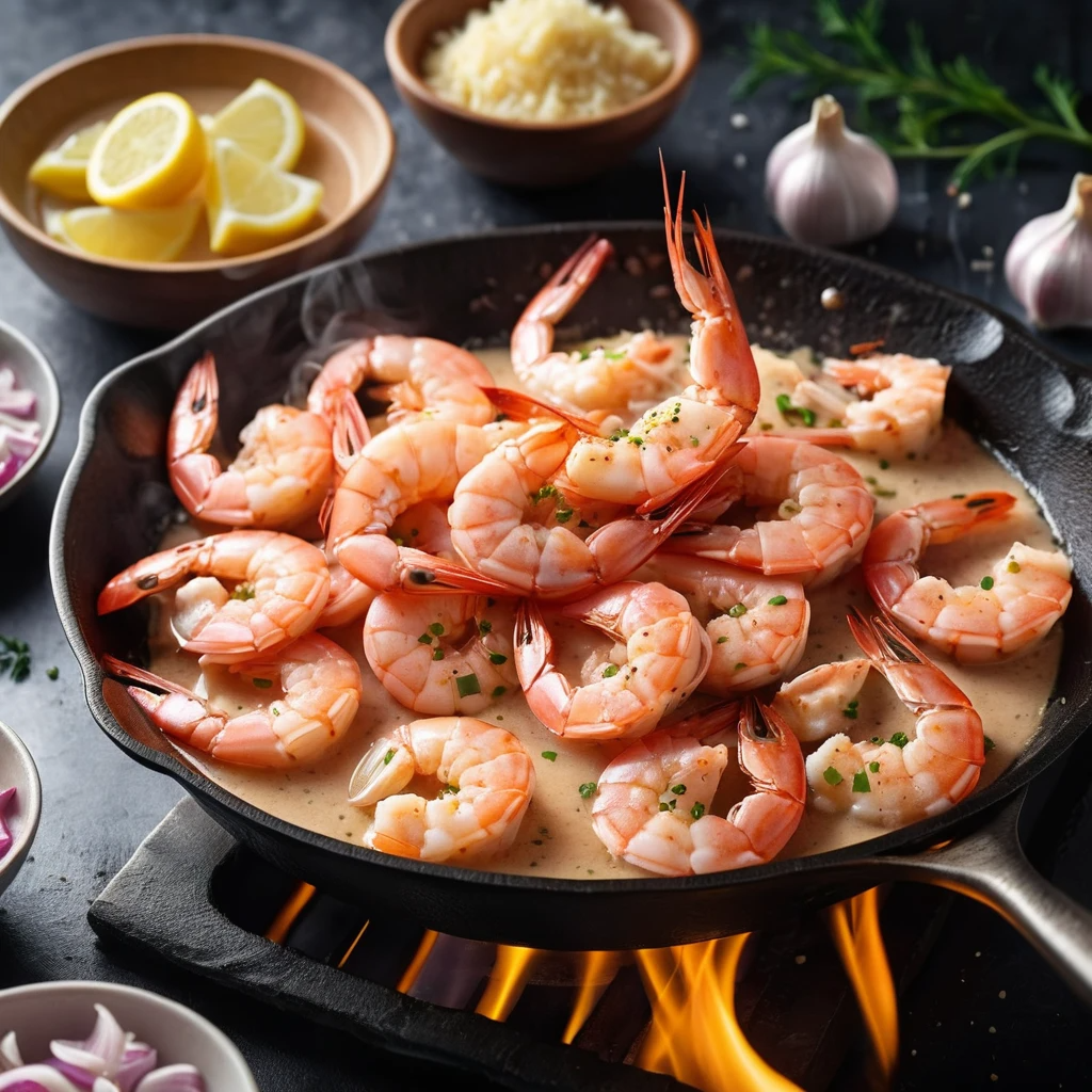 Close-up of perfectly cooked prawns sizzling in garlic butter with creamy sauce forming around them