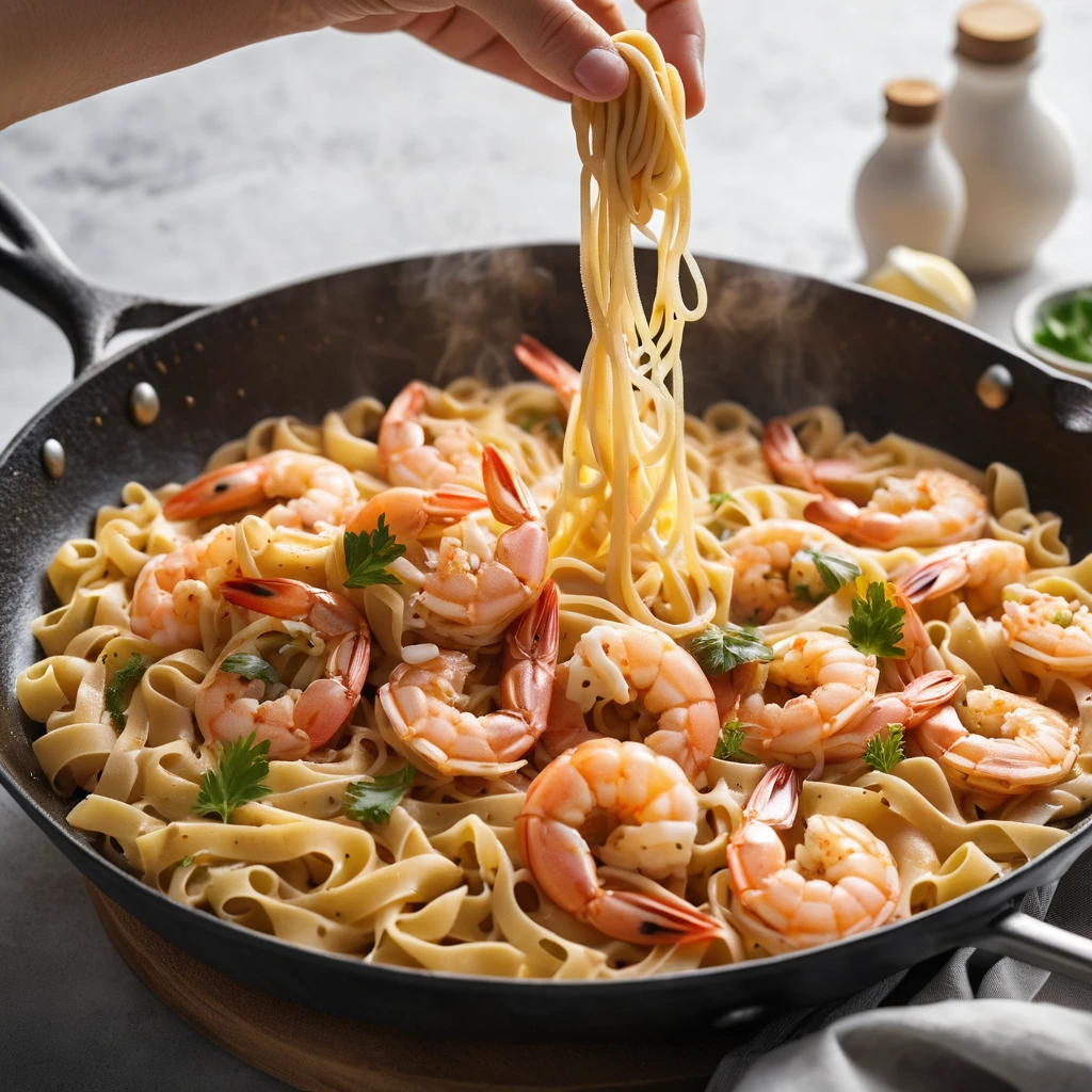 prawn pasta in a skillet with sauce clinging to noodles