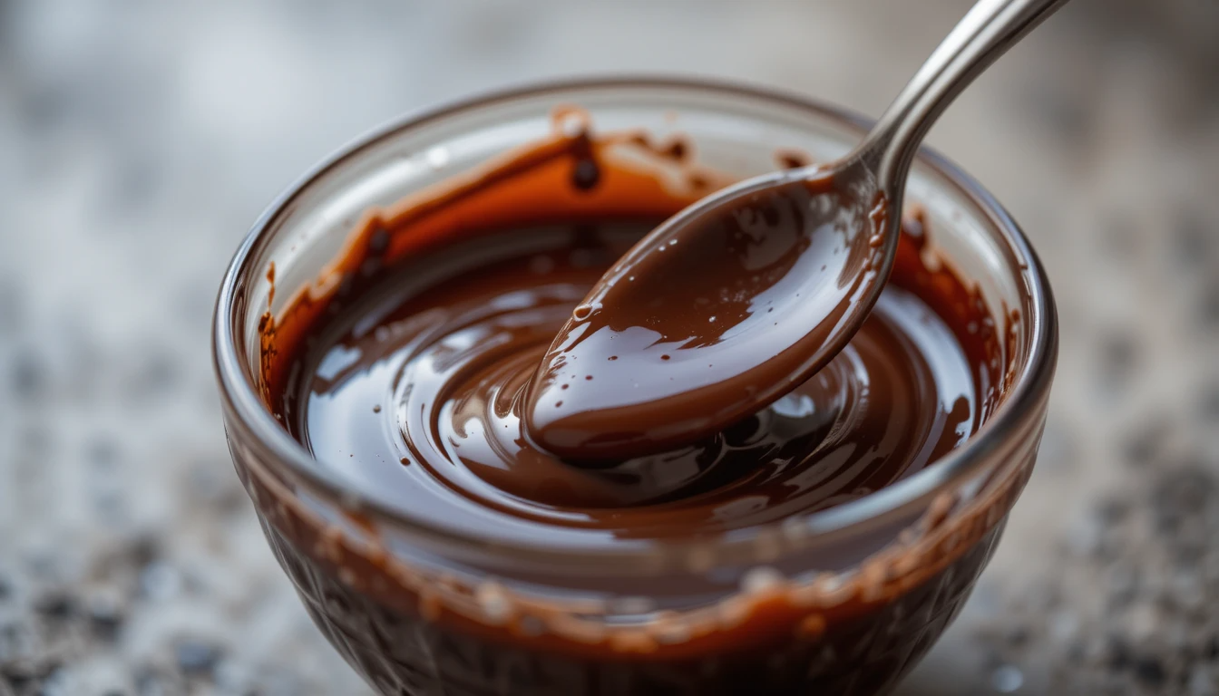Glossy, perfectly melted chocolate in a bowl being stirred with a spoon