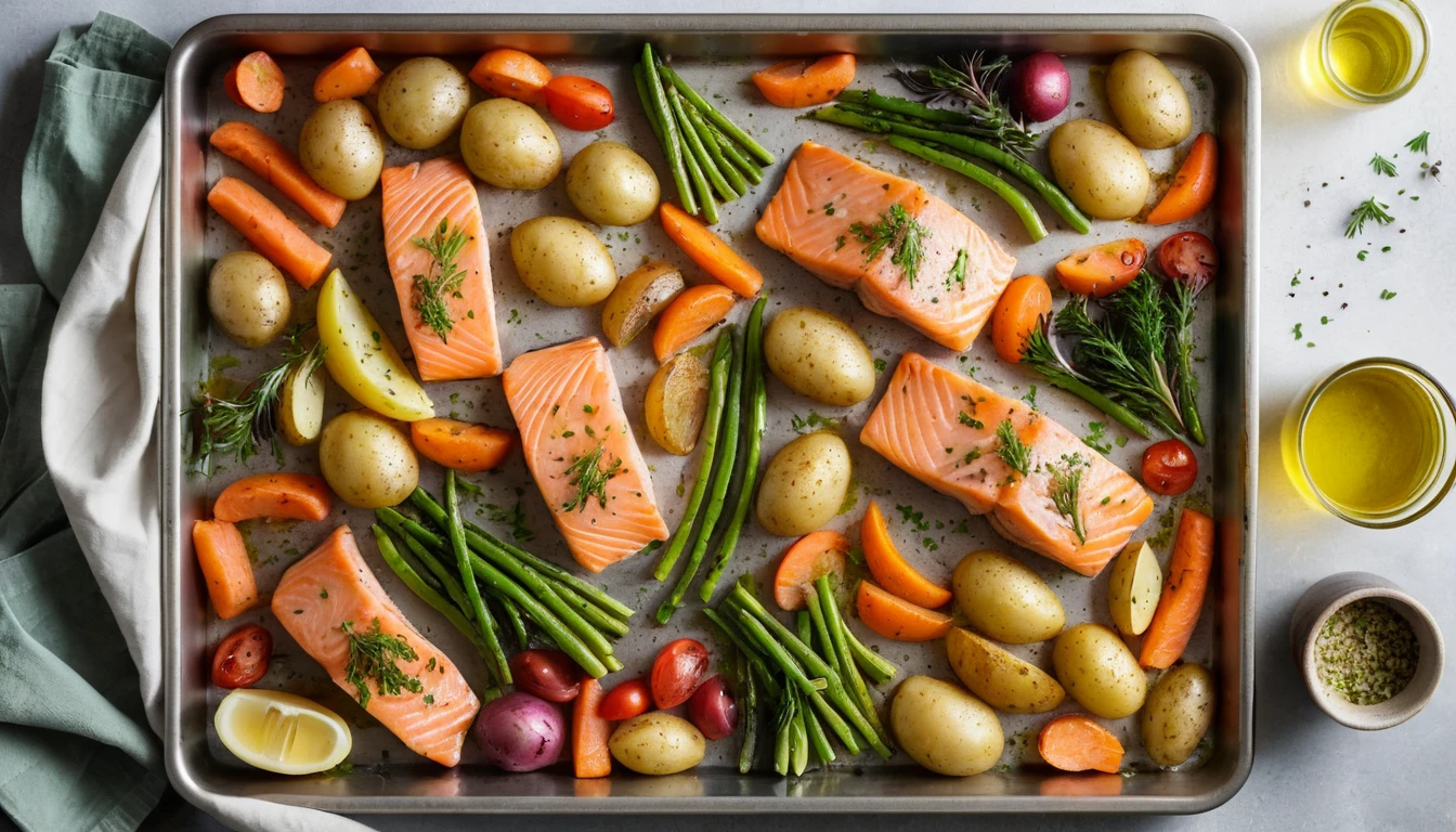 Sheet pan with salmon, potatoes, and vegetables ready to be roasted