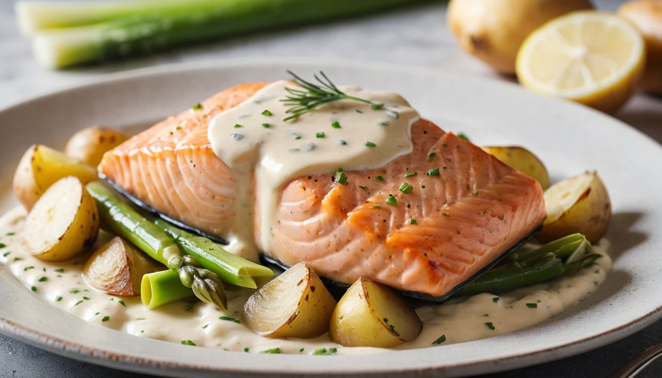 creamy salmon traybake with tender salmon flaking, creamy sauce bubbling, leeks and potatoes perfectly cooked