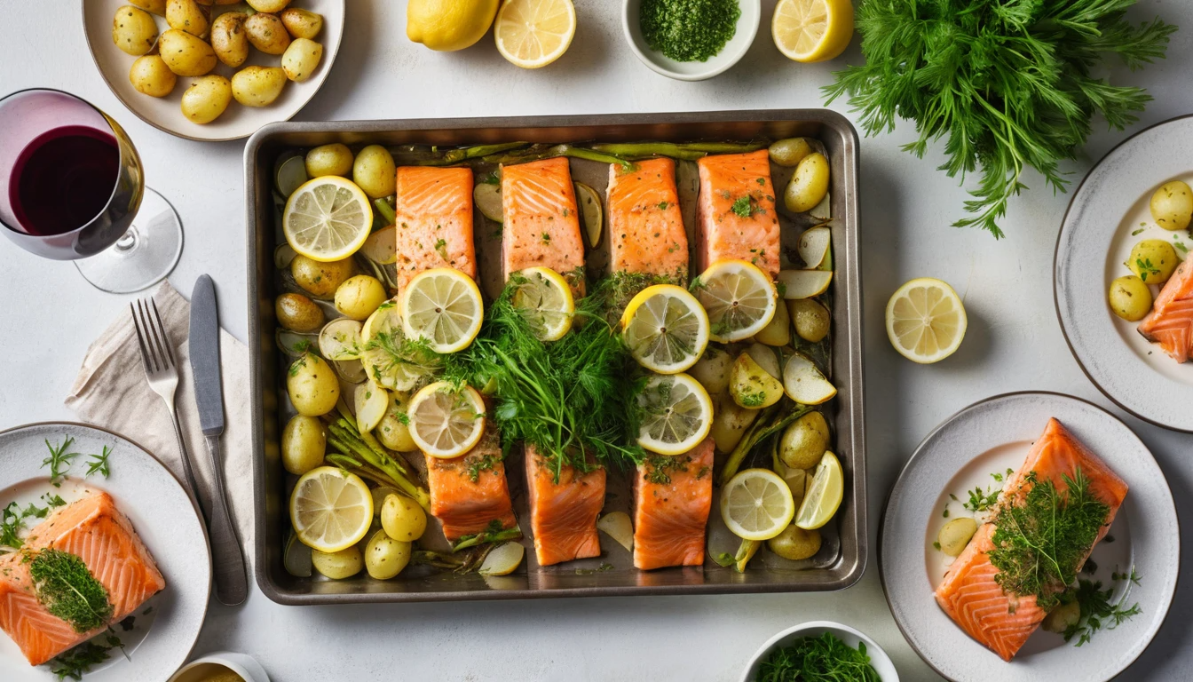 Salmon, leek and potato traybake served family-style with portions on plates