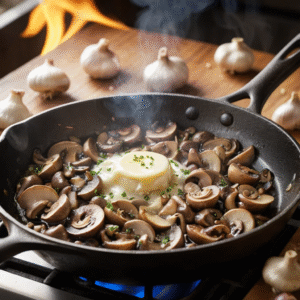 Sizzling skillet with butter, chopped shallots, garlic, and mushrooms being stirred,