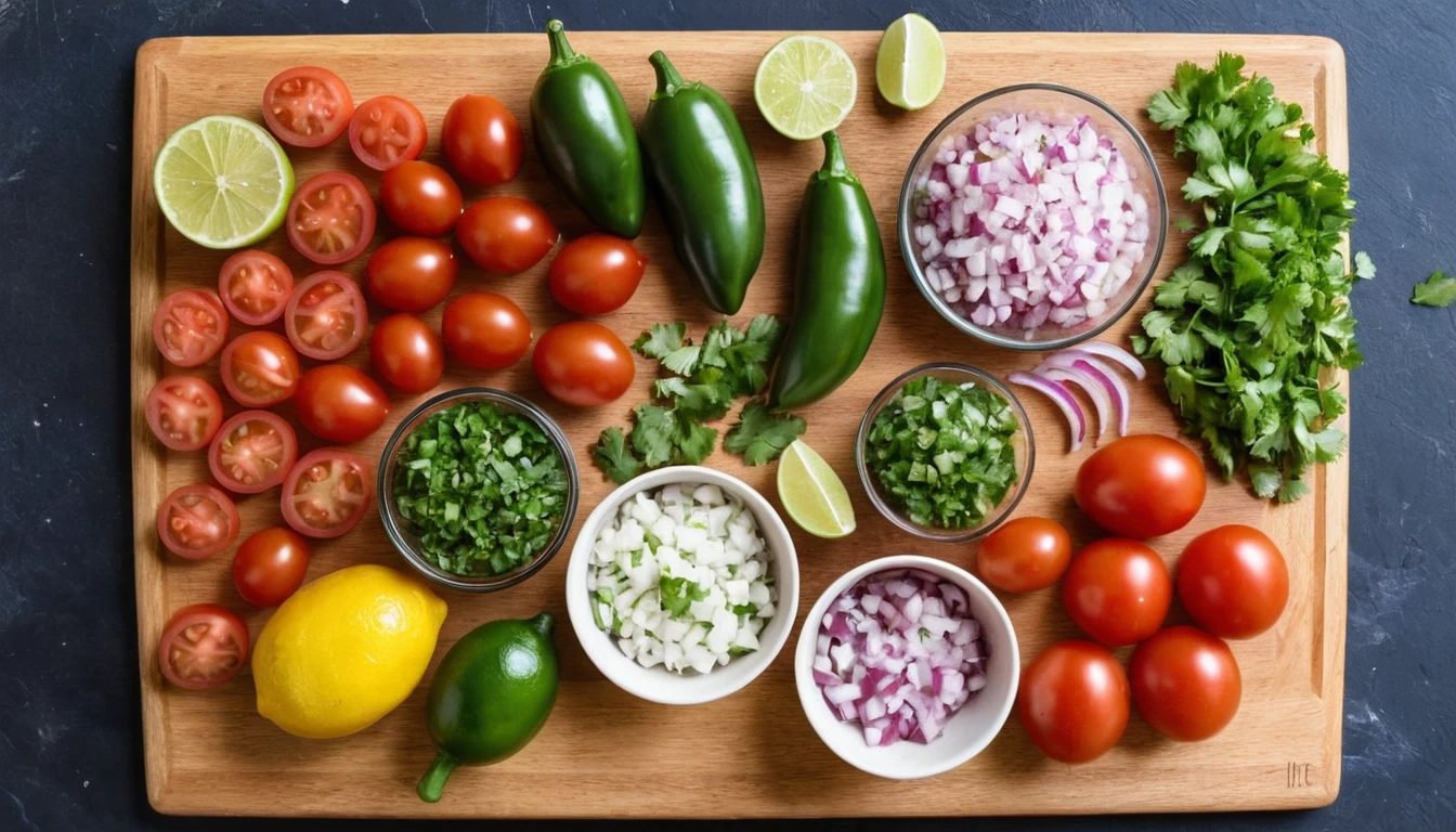 fresh ingredients for Pico de Gallo: diced tomatoes, chopped onions, jalapeños, lime wedges