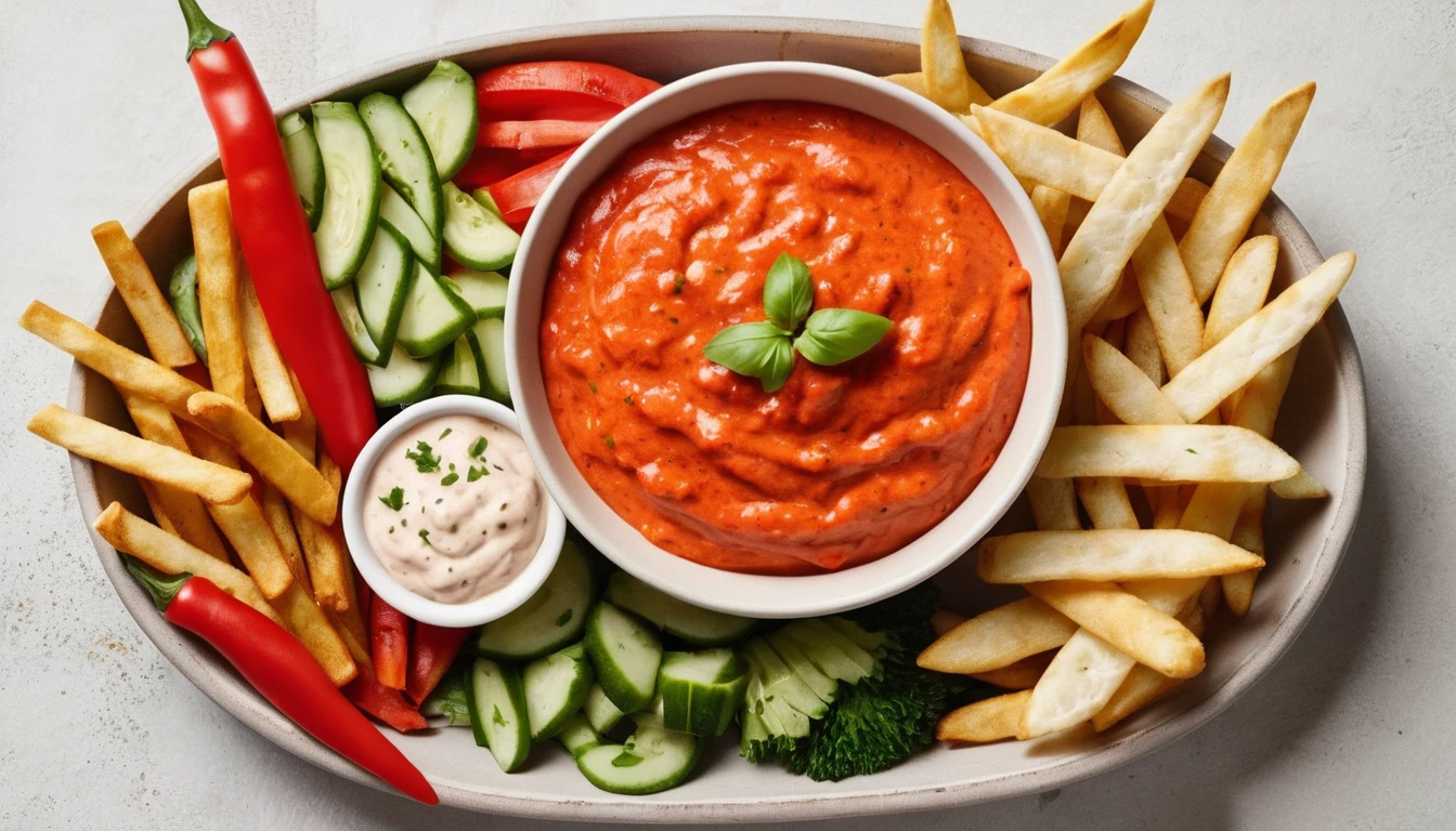 Nando’s Red Pepper Dip served with veggie sticks, pita, and fries in a colorful spread