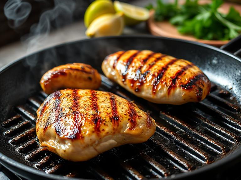 Fiesta Lime Chicken cooking on a grill pan with visible grill marks and herbs