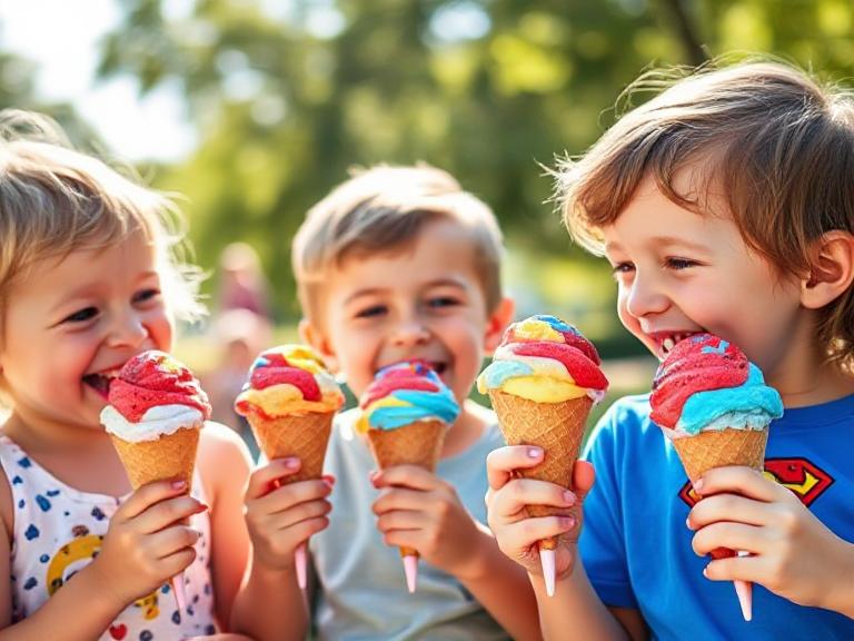 Kids enjoying bright homemade Superman Ice Cream cones outdoors.