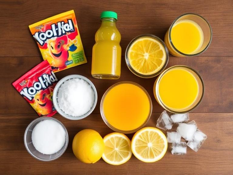 Ingredients for Bug Juice Camp Drink Recipe including Kool-Aid mix, fruit juices, and lemon slices.