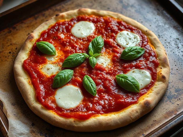 Homemade pizza topped with hidden veg marinara sauce and fresh basil.