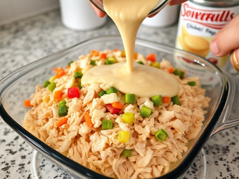 Step-by-step layering of Viral TikTok Chicken Cobbler with chicken, vegetables, and biscuit mix