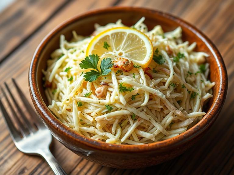 Healthy, chilled red cabbage slaw with fresh parsley and lemon slices, quick no-mayo recipe.