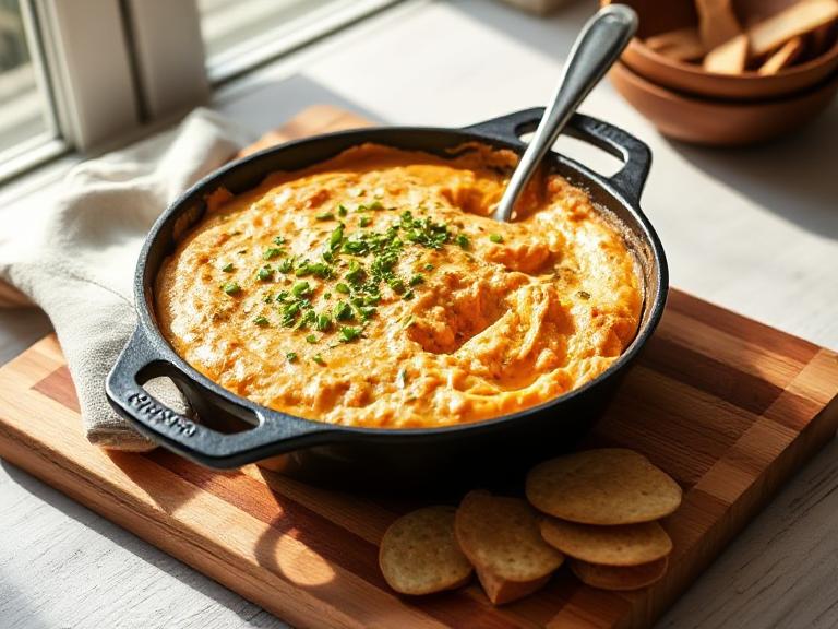 Rustic Buffalo Chicken Dip in a cast iron skillet with herbs, wooden background, and warm lighting.
