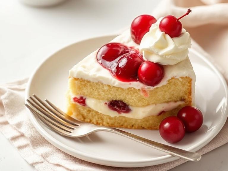 Slice of Heaven on Earth Cake showing creamy pudding and cherry layers.