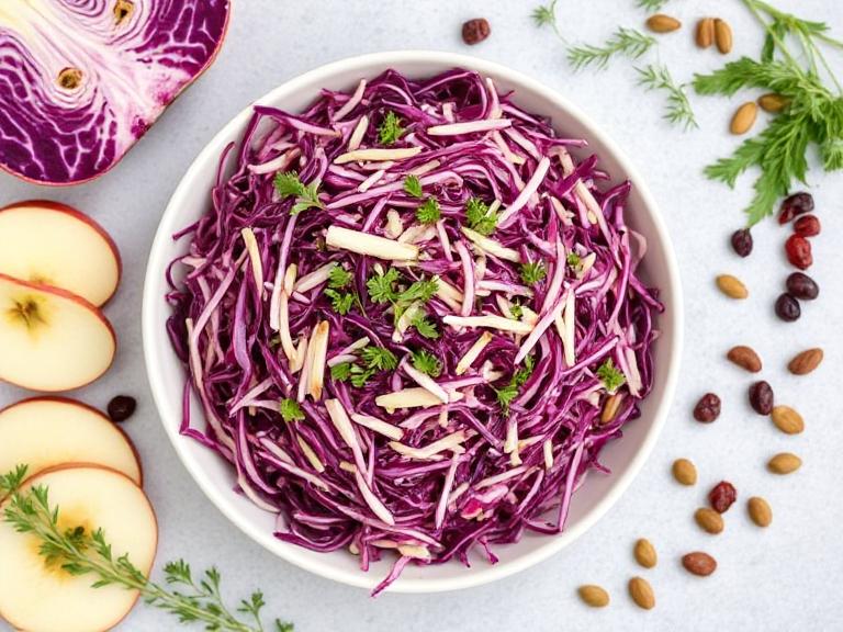 Red cabbage slaw with optional mix-ins like apples, pumpkin seeds, and cranberries for added flavor and crunch.