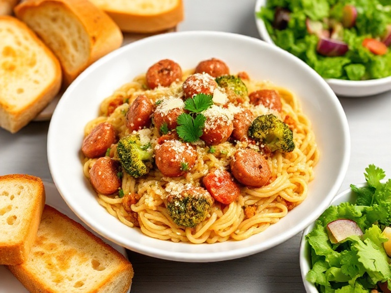 Plated One Pan Italian Sausage & Broccoli Orzo with garlic bread and salad, ready to serve.”
