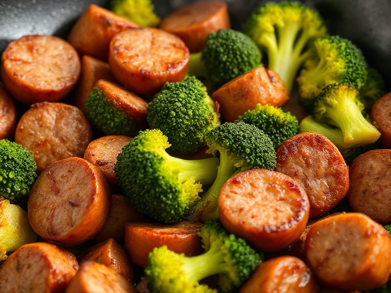 Close-up of Italian sausage and broccoli cooking in a skillet for One Pan Orzo recipe
