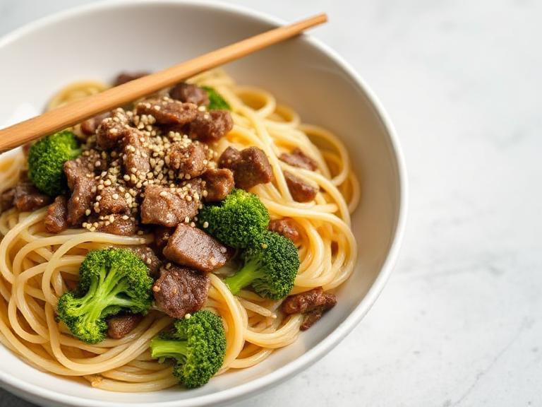 Bowl of beef and broccoli noodles garnished with sesame seeds and chopsticks.