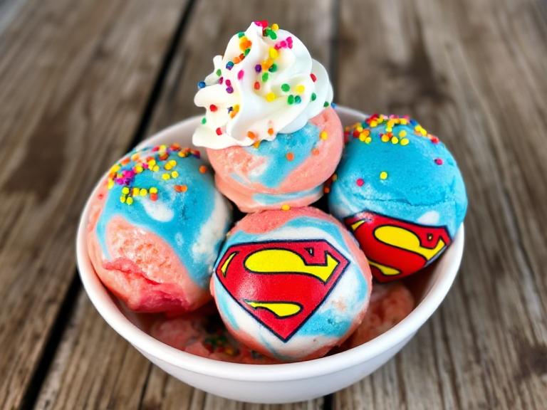 Bright and creamy Superman Ice Cream scoops served with sprinkles and whipped crea