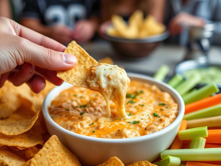 Tortilla chip dipping into creamy Buffalo Chicken Dip with melted cheese stretch.