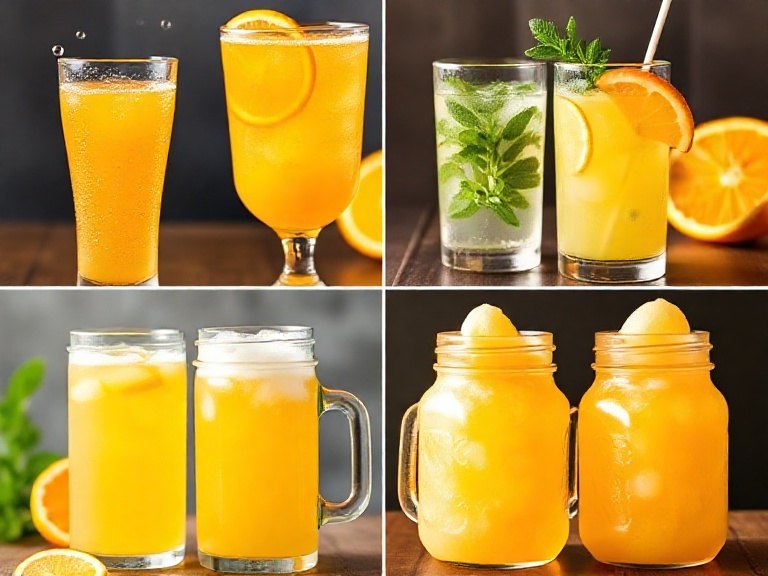 Different variations of homemade orangeade – sparkling, mint, tropical, and frozen slush.