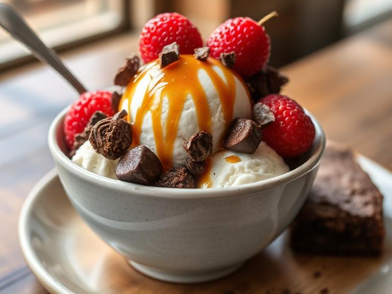 Sea salt ice cream served with caramel drizzle, chocolate, and warm brownie.