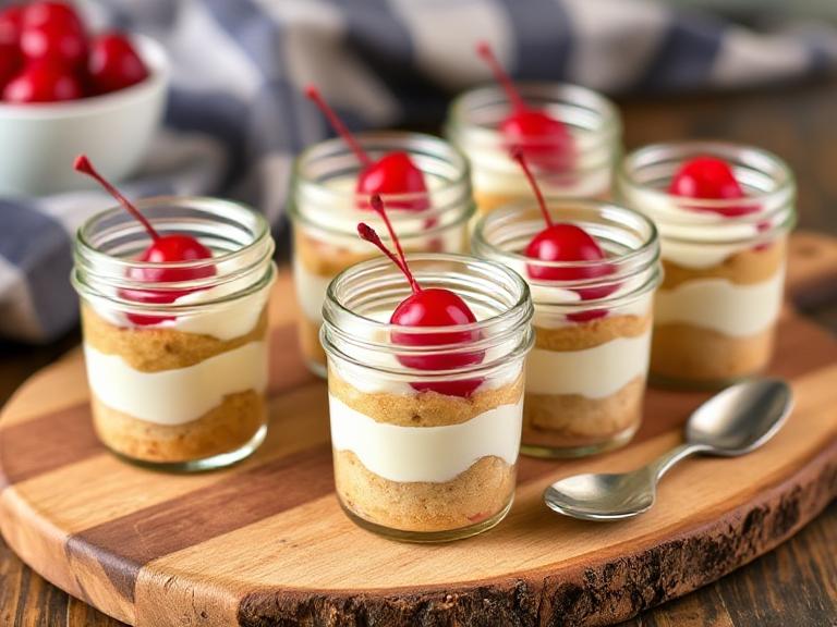 Mini servings of Heaven on Earth Cake layered in glass jars with whipped cream and cherries