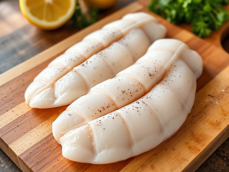 Fresh calamari steaks scored and seasoned on a wooden board, ready for cooking.