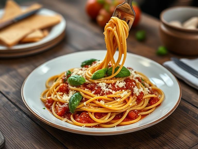 Spaghetti served with hidden veg marinara sauce, garnished with Parmesan and fresh basil.