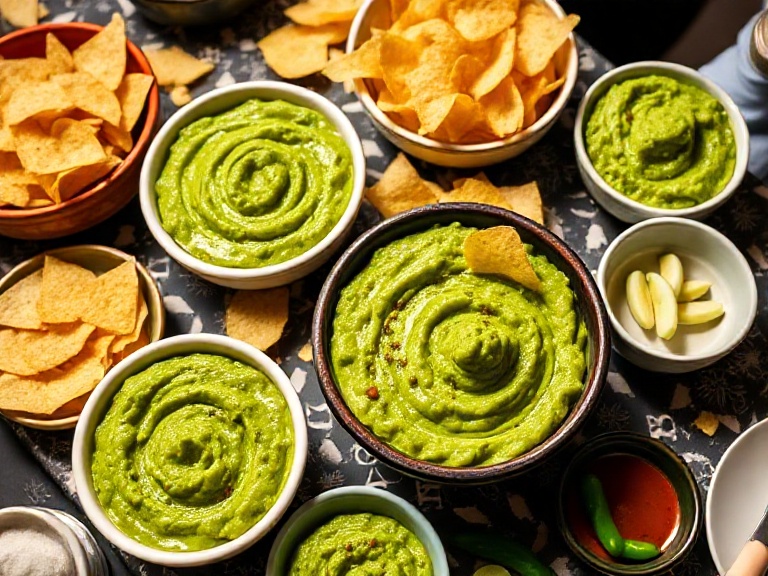 Garlic-free chunky guacamole served at a party with tortilla chips and lime wedges