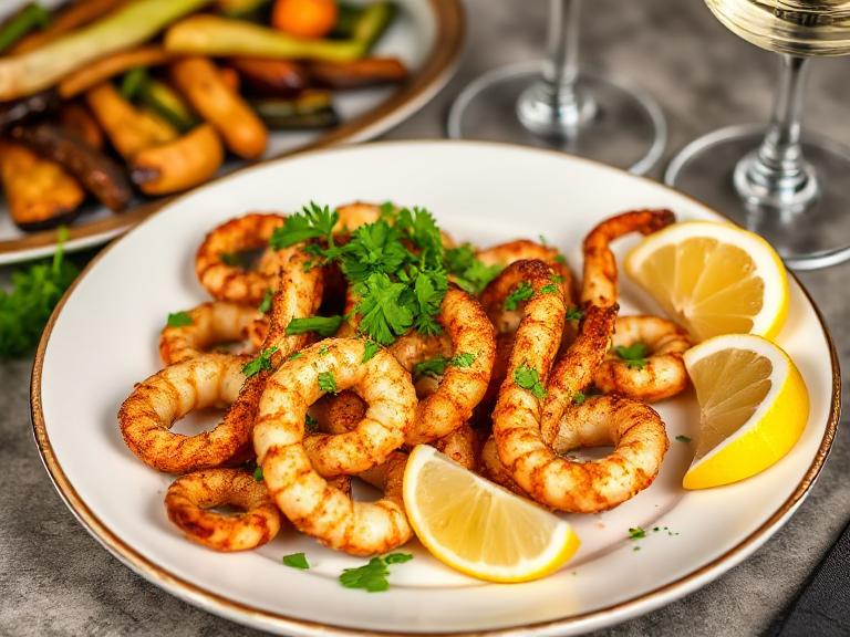 Restaurant-style calamari steaks served with lemon, parsley, and roasted vegetables.