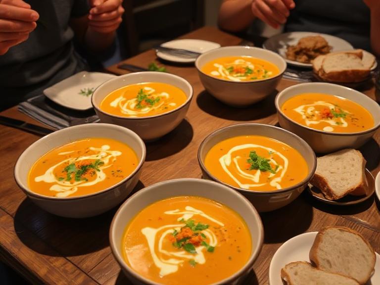 Multiple bowls of Thai Carrot and Coconut Soup on a wooden table with bread, ready to serve in a cozy setting.
