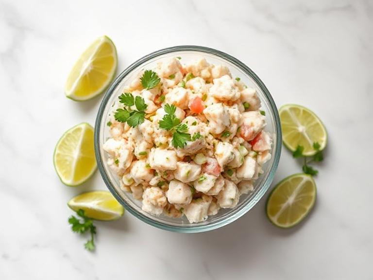 Bahamian conch salad in a clear glass bowl on a white marble background.
