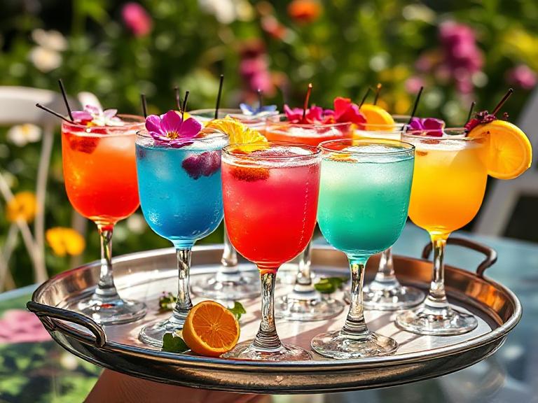 Multiple Quick Madame Butterfly Drinks served at a garden party, colorful and garnished elegantly